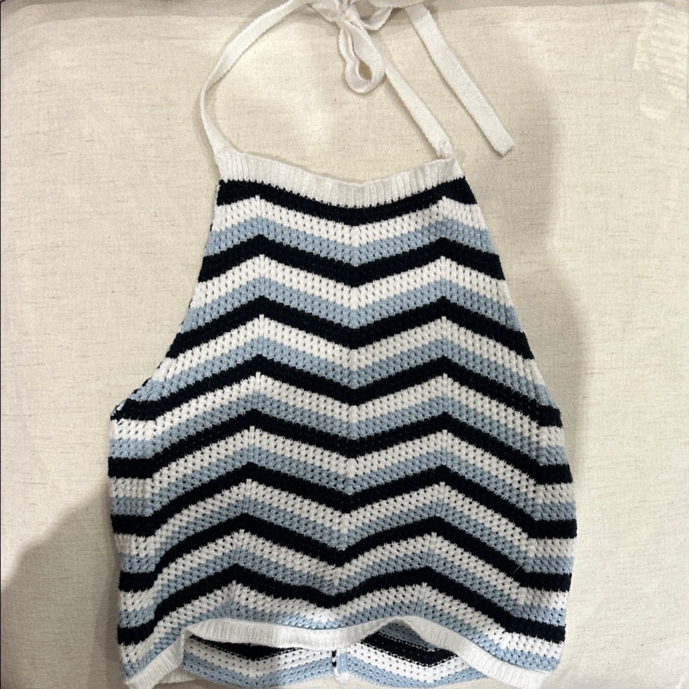Striped Knit Crop Top Subdued - Black, White, and blue